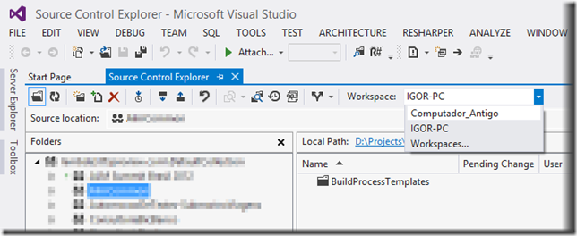 Seleção no espaço de trabalho ativo no Visual Studio