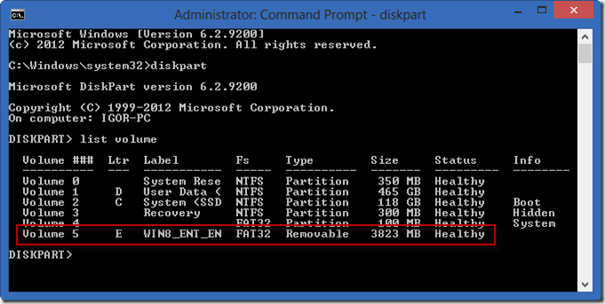Diskpart, comando List Volume, para localizar o pen drive