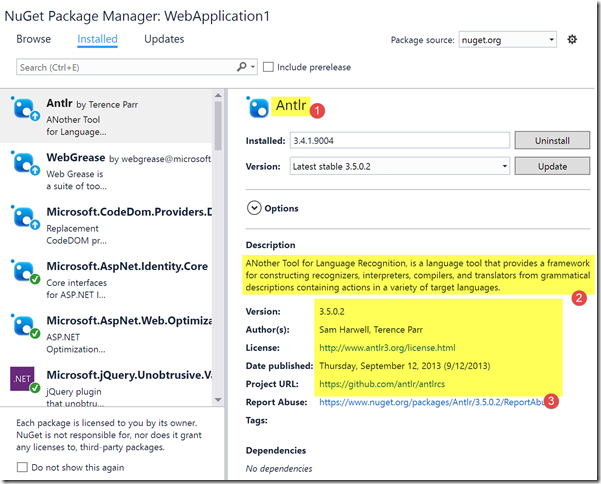 Caixa de diálogo do NuGet no Visual Studio, mostrando os diversos metadados de um pacote NuGet: O ID (1), a descrição (2) e outras informações como versão, autores, licença e site do projeto (3)