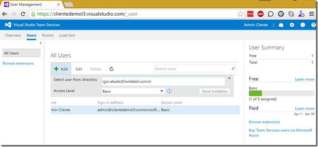 Adicionando uma Conta Microsoft ao VSTS do Cliente Demo L3