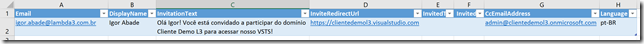 Arquivo CSV de convite para o Azure AD B2B, aberto no Excel