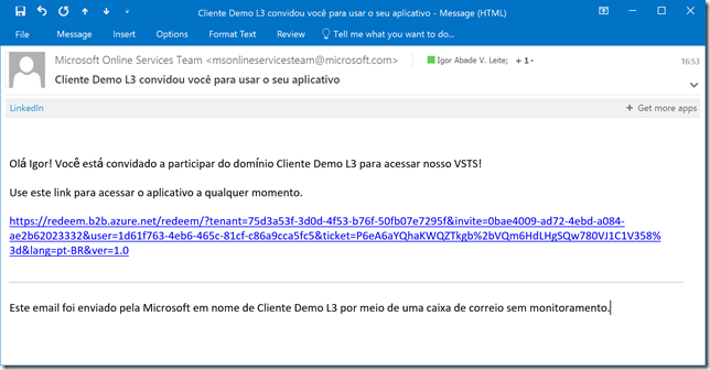 E-mail com convite enviado pelo Azure AD B2B