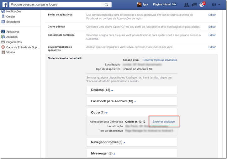 Link "Encerrar atividade" na página de Configurações de Segurança do Facebook