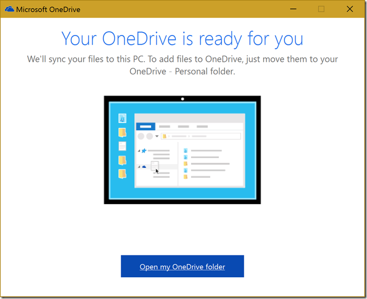 Janela de conclusão da instalação do OneDrive Pessoal