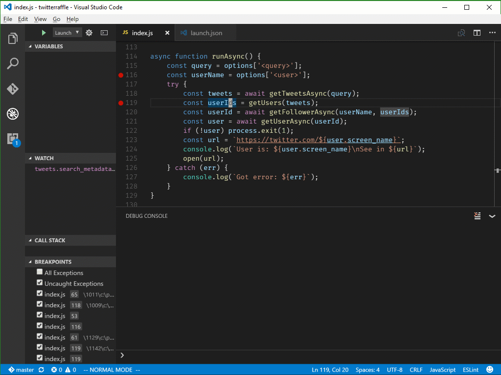 Debug do Node.js com async no VS Code