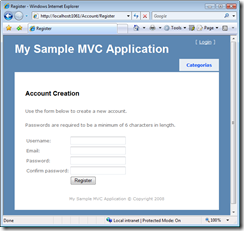 Formulário de criação de contas do MVC